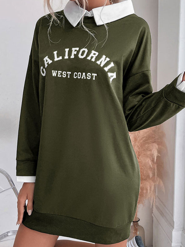 Sweatshirt Dress- Solid Cotton California Collared Sweatshirt Dress- Olive green- IndioGear Fashion and Gear