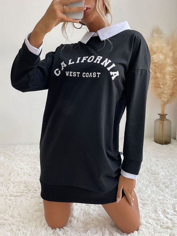 Sweatshirt Dress- Solid Cotton California Collared Sweatshirt Dress- Black- IndioGear Fashion and Gear