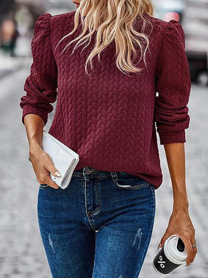 Sweatshirts- Autumn Textured Sweatshirt Top with Puff Sleeves- Wine Red- IndioGear Clothing and Gear