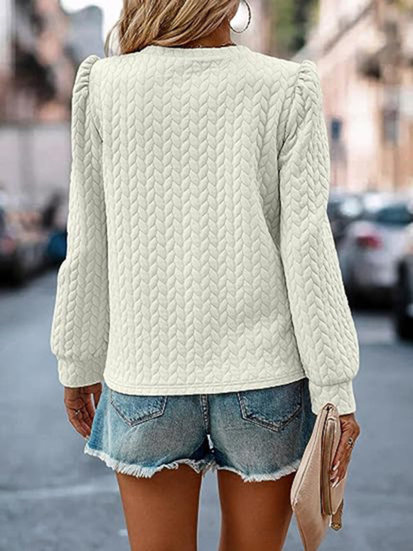 Sweatshirts- Autumn Textured Sweatshirt Top with Puff Sleeves- - IndioGear Clothing and Gear