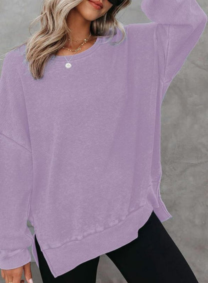 Sweatshirts- Casual Sport Textured Waffle Sweatshirt with Trendy Slits- Purple- IndioGear Clothing and Gear