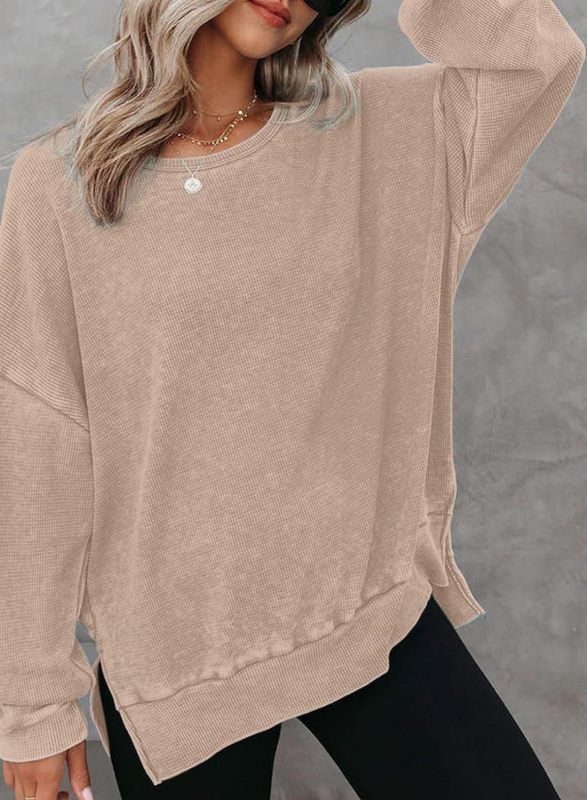 Sweatshirts- Casual Sport Textured Waffle Sweatshirt with Trendy Slits- Khaki- IndioGear Clothing and Gear