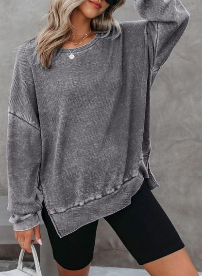 Sweatshirts- Casual Sport Textured Waffle Sweatshirt with Trendy Slits- Grey- IndioGear Clothing and Gear