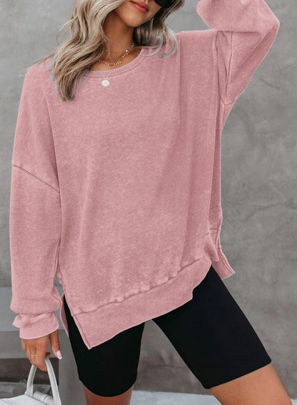 Sweatshirts- Casual Sport Textured Waffle Sweatshirt with Trendy Slits- Pink- IndioGear Clothing and Gear