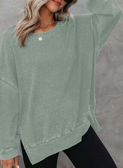 Sweatshirts- Casual Sport Textured Waffle Sweatshirt with Trendy Slits- Green- IndioGear Clothing and Gear