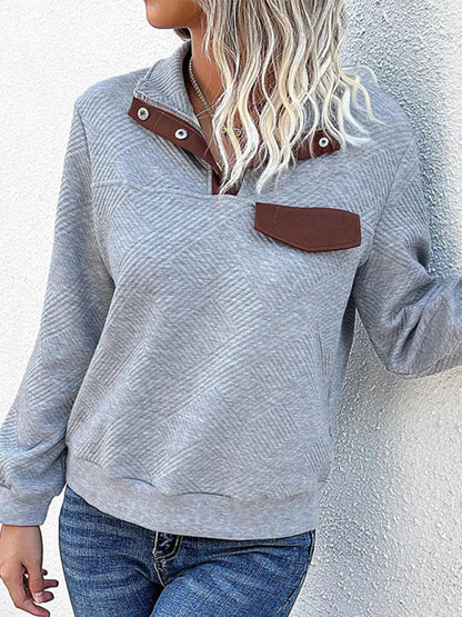 Sweatshirts- Chevron Raglan Sleeve Sweatshirt - T-shirt with High Neck, Faux Pocket- Misty grey- IndioGear Fashion and Gear