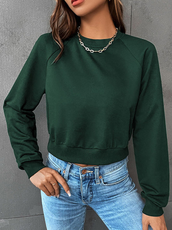 Sweatshirts- Crop Pullover - Round Neck, Long Sleeve Sweatshirt- Green black jasper- IndioGear Fashion and Gear