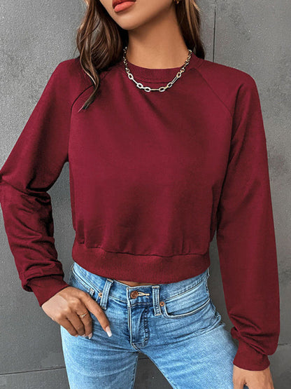 Sweatshirts- Crop Pullover - Round Neck, Long Sleeve Sweatshirt- Wine Red- IndioGear Fashion and Gear