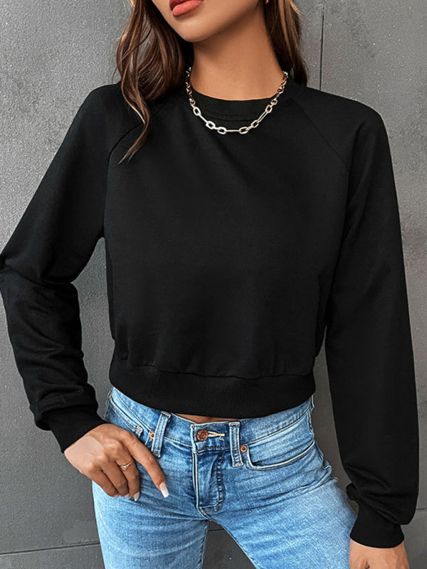 Sweatshirts- Crop Pullover - Round Neck, Long Sleeve Sweatshirt- Black- IndioGear Fashion and Gear