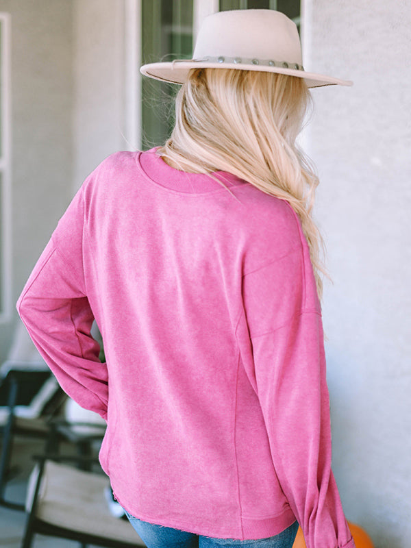 Sweatshirts-Drop Shoulder Oversized Washed Sweatshirt with Open Back-Pekosa Women Clothing