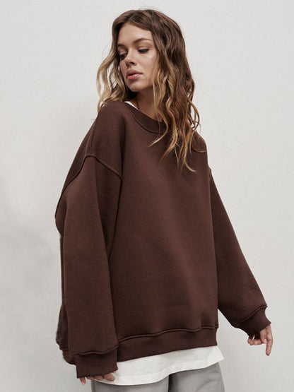 Sweatshirts- Everyday Lounge Wear Cozy Fleece Sweatshirt - Oversized Slouchy Pullover- Coffee- IndioGear Clothing and Gear