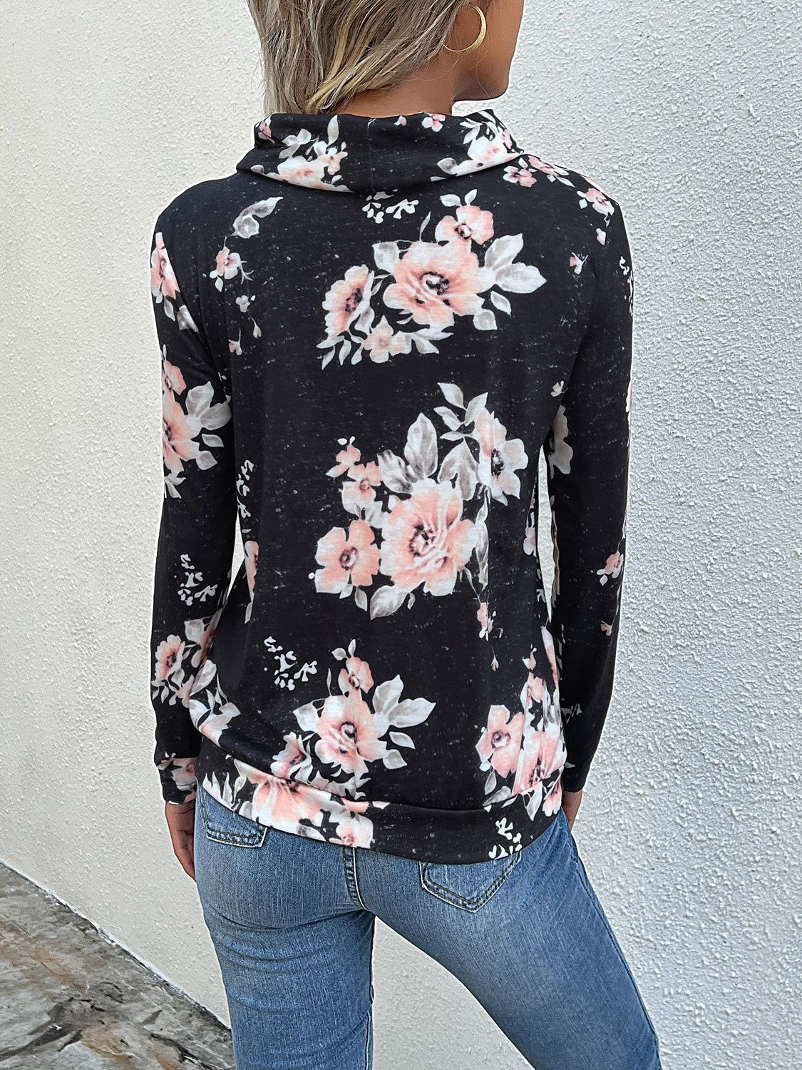 Sweatshirts- Floral Cowl Neck Sweatshirt - Adjustable Drawstring, Long Sleeve Top- - IndioGear Fashion and Gear