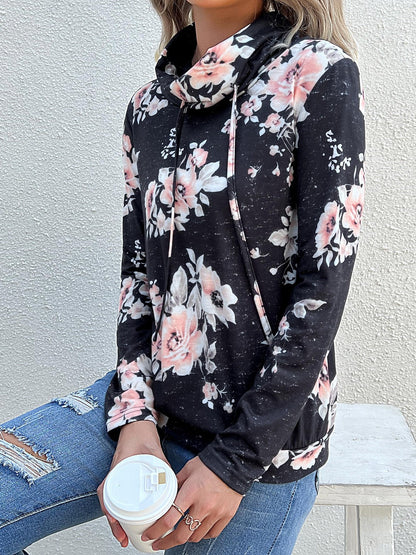 Sweatshirts- Floral Cowl Neck Sweatshirt - Adjustable Drawstring, Long Sleeve Top- - IndioGear Fashion and Gear