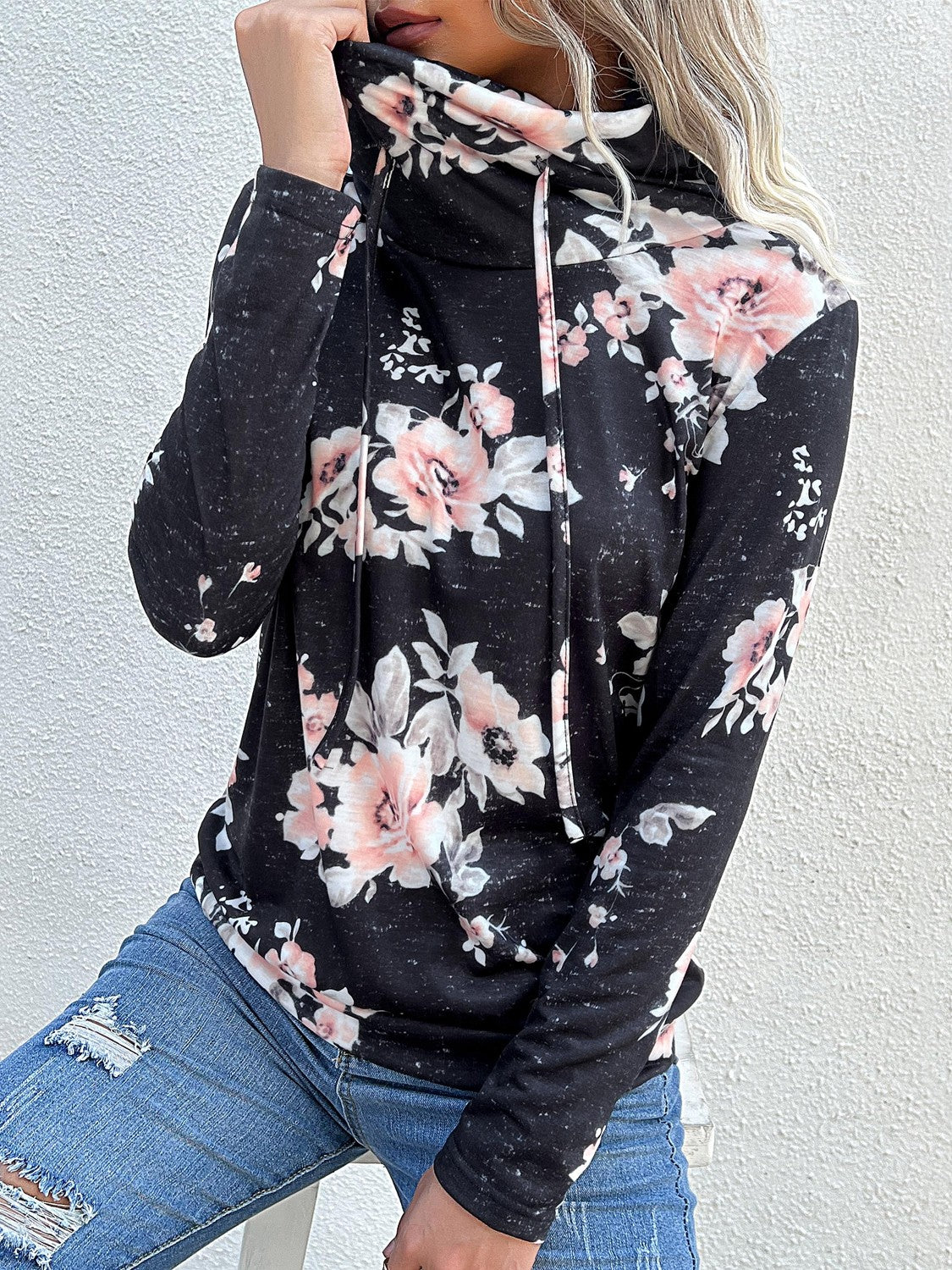 Sweatshirts- Floral Cowl Neck Sweatshirt - Adjustable Drawstring, Long Sleeve Top- - IndioGear Fashion and Gear