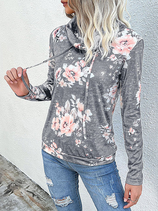 Sweatshirts- Floral Cowl Neck Sweatshirt - Adjustable Drawstring, Long Sleeve Top- Misty grey- IndioGear Fashion and Gear