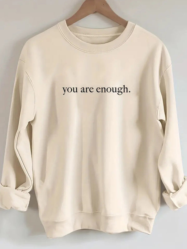 Sweatshirts- Inspiring 'You Are Enough' Print Sweatshirt - Sporty Crew Neck Pullover- Cracker khaki- IndioGear Fashion and Gear