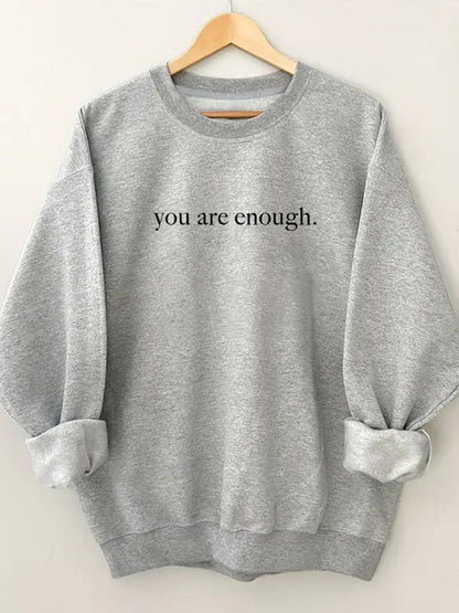 Sweatshirts- Inspiring 'You Are Enough' Print Sweatshirt - Sporty Crew Neck Pullover- Grey- IndioGear Fashion and Gear