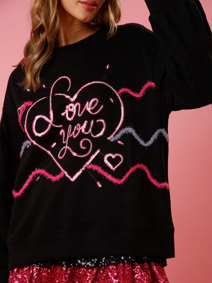 Sweatshirts- Long Sleeve Crew Neck Sweatshirt | Sparkle Patchwork Love Theme Pullover- - IndioGear Fashion and Gear