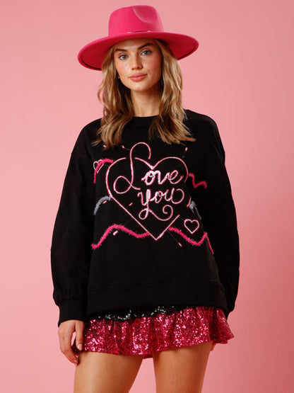 Sweatshirts- Long Sleeve Crew Neck Sweatshirt | Sparkle Patchwork Love Theme Pullover- Black- IndioGear Fashion and Gear