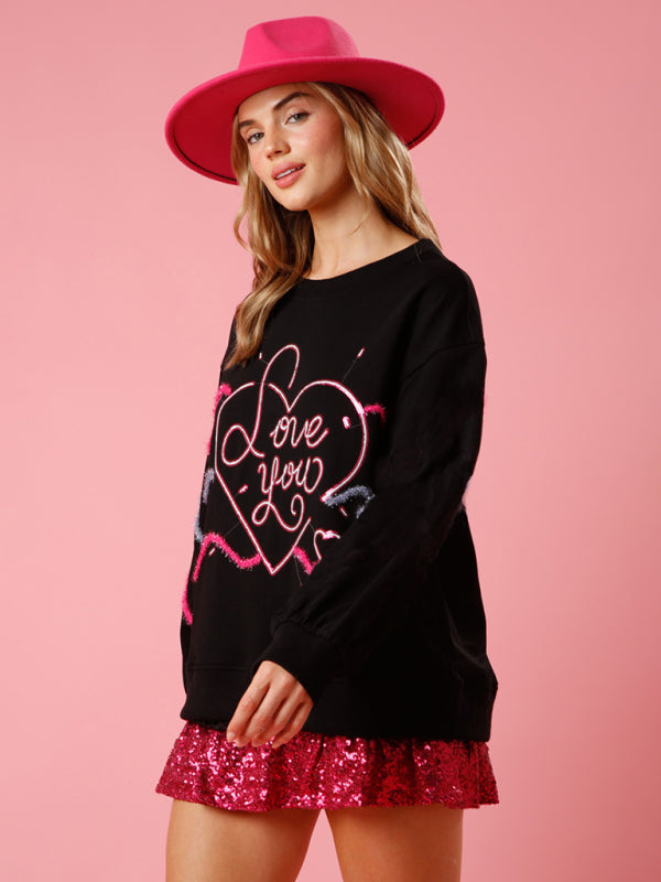 Sweatshirts- Long Sleeve Crew Neck Sweatshirt | Sparkle Patchwork Love Theme Pullover- - IndioGear Fashion and Gear