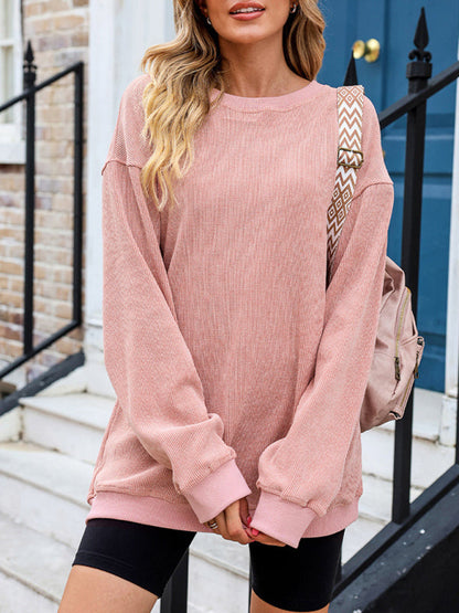 Sweatshirts- Loose Pullover Crewneck Sweatshirt for a Relaxed Look- Pink- IndioGear Fashion and Gear