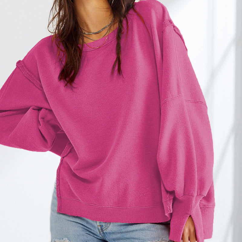 Sweatshirts- Oversized Exposed Seams Sweatshirt - Loose Pullover- Rose- IndioGear Fashion and Gear