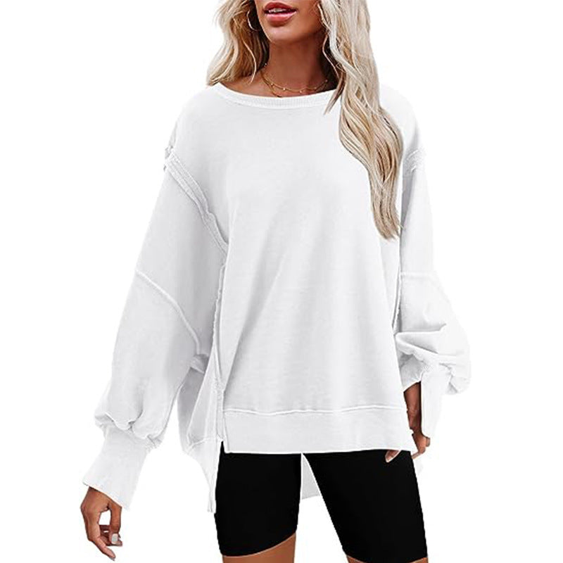 Sweatshirts- Oversized Exposed Seams Sweatshirt - Loose Pullover- White- IndioGear Fashion and Gear