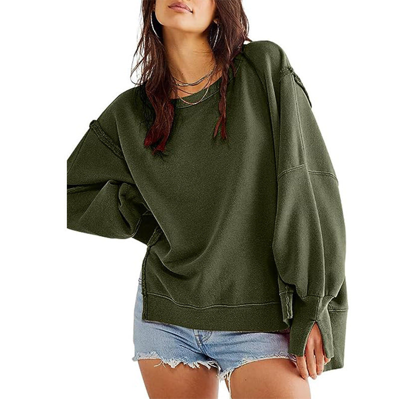 Sweatshirts- Oversized Exposed Seams Sweatshirt - Loose Pullover- Olive green- IndioGear Fashion and Gear