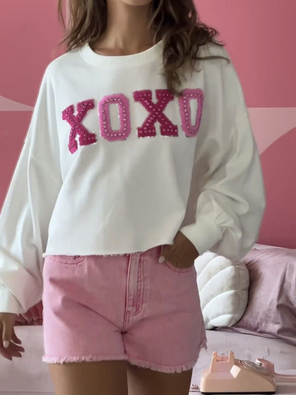 Sweatshirts- Oversized XOXO Embroidered Sweatshirt for Valentine's Day- White- IndioGear Fashion and Gear