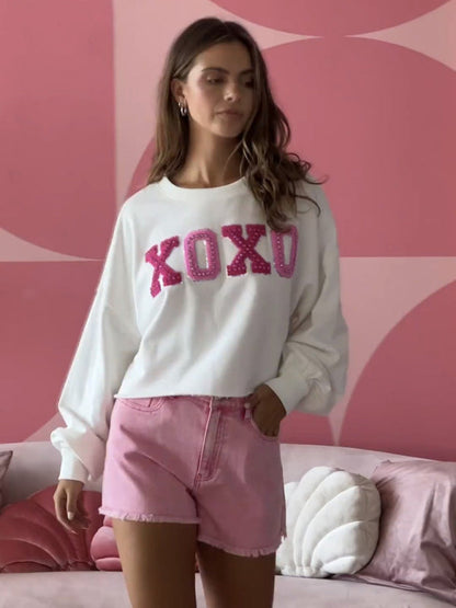 Sweatshirts- Oversized XOXO Embroidered Sweatshirt for Valentine's Day- - IndioGear Fashion and Gear