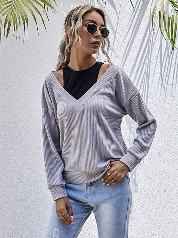 Sweatshirts- Ribbed Long Sleeve T-Shirt - Faux Two-Piece Sweatshirt- Misty grey- Pekosa Women Clothing