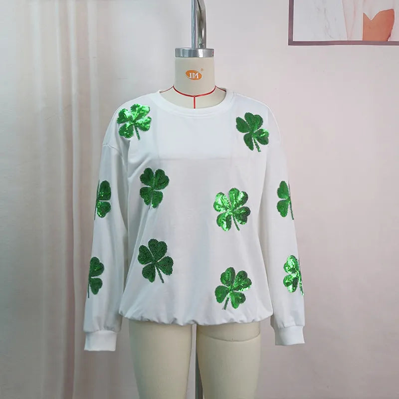 Sweatshirts- Saint Patrick's Day Oversized Sweatshirt with Sparkling Four-Leaf Clover- - IndioGear Fashion and Gear