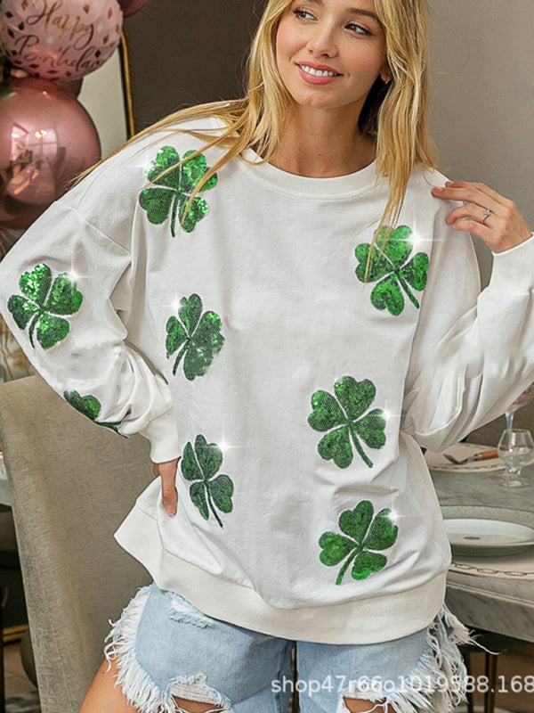 Sweatshirts- Saint Patrick's Day Oversized Sweatshirt with Sparkling Four-Leaf Clover- - IndioGear Fashion and Gear