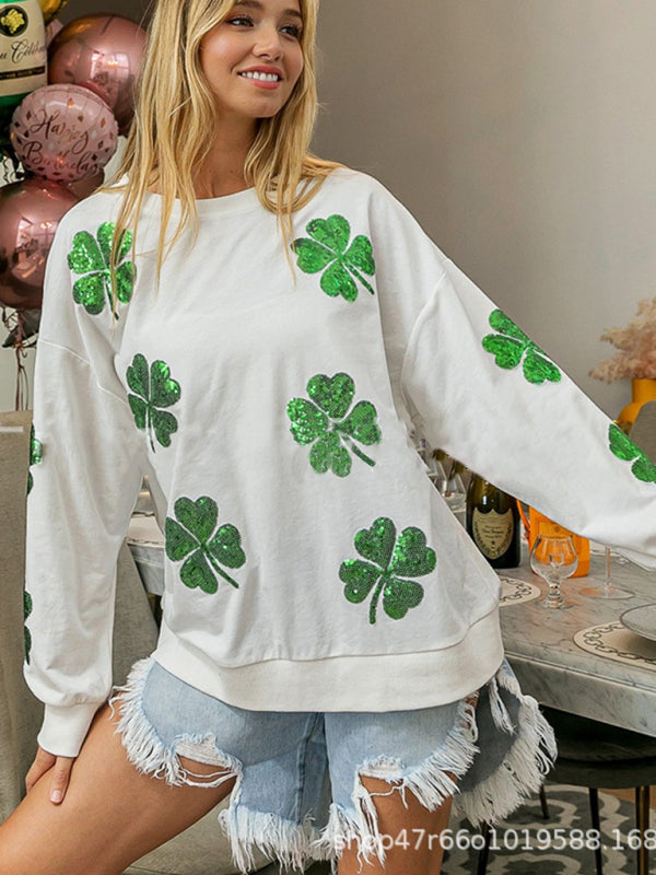 Sweatshirts- Saint Patrick's Day Oversized Sweatshirt with Sparkling Four-Leaf Clover- - IndioGear Fashion and Gear