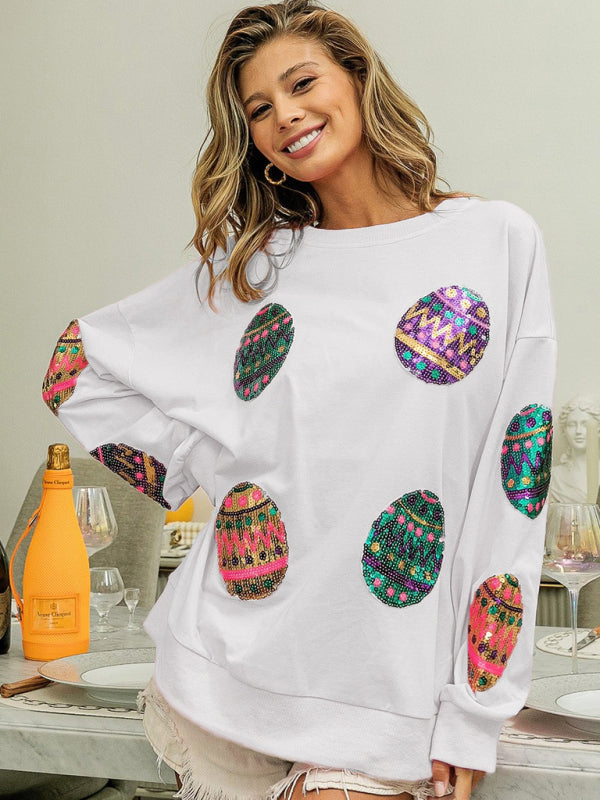 Sweatshirts- Sequined Patchwork Long Sleeve Sweatshirt | Festive Egg Hunts Pullover- White- IndioGear Fashion and Gear