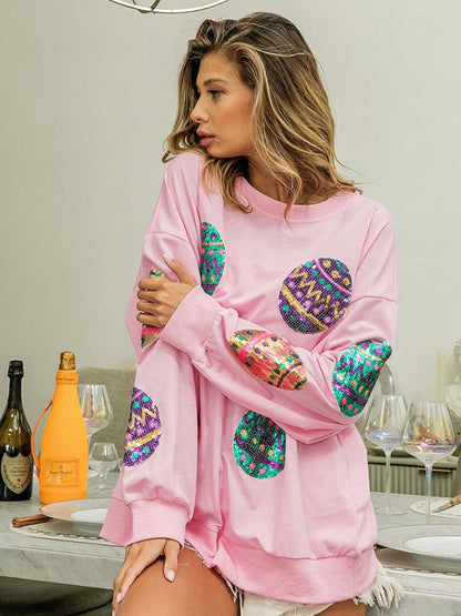 Sweatshirts- Sequined Patchwork Long Sleeve Sweatshirt | Festive Egg Hunts Pullover- - IndioGear Fashion and Gear