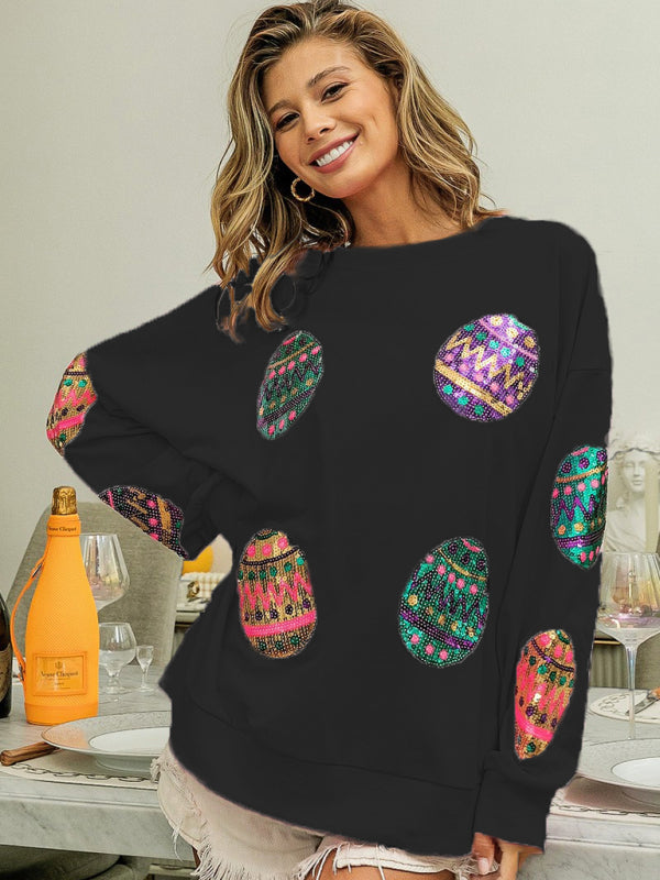 Sweatshirts- Sequined Patchwork Long Sleeve Sweatshirt | Festive Egg Hunts Pullover- Black- IndioGear Fashion and Gear