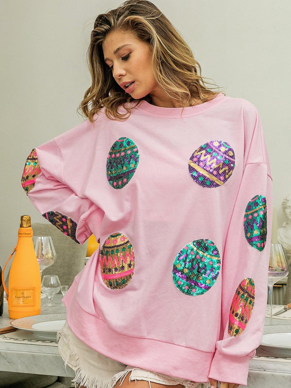 Sweatshirts- Sequined Patchwork Long Sleeve Sweatshirt | Festive Egg Hunts Pullover- - IndioGear Fashion and Gear