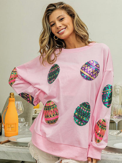 Sweatshirts- Sequined Patchwork Long Sleeve Sweatshirt | Festive Egg Hunts Pullover- Pink- IndioGear Fashion and Gear