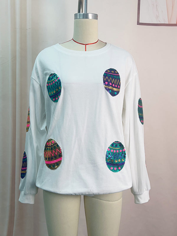 Sweatshirts- Sequined Patchwork Long Sleeve Sweatshirt | Festive Egg Hunts Pullover- - IndioGear Fashion and Gear