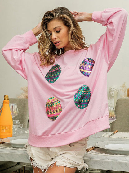 Sweatshirts- Sequined Patchwork Long Sleeve Sweatshirt | Festive Egg Hunts Pullover- - IndioGear Fashion and Gear