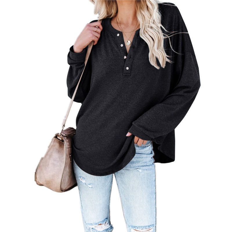 Sweatshirts- Solid Oversized Drop Shoulder Crew Neck Sweatshirt Pullover with Sporty Half-Button- Black- IndioGear Clothing and Gear