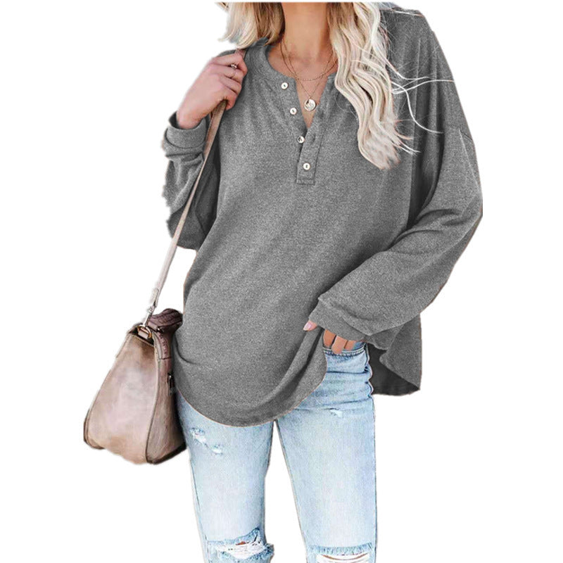 Sweatshirts- Solid Oversized Drop Shoulder Crew Neck Sweatshirt Pullover with Sporty Half-Button- Grey- IndioGear Clothing and Gear