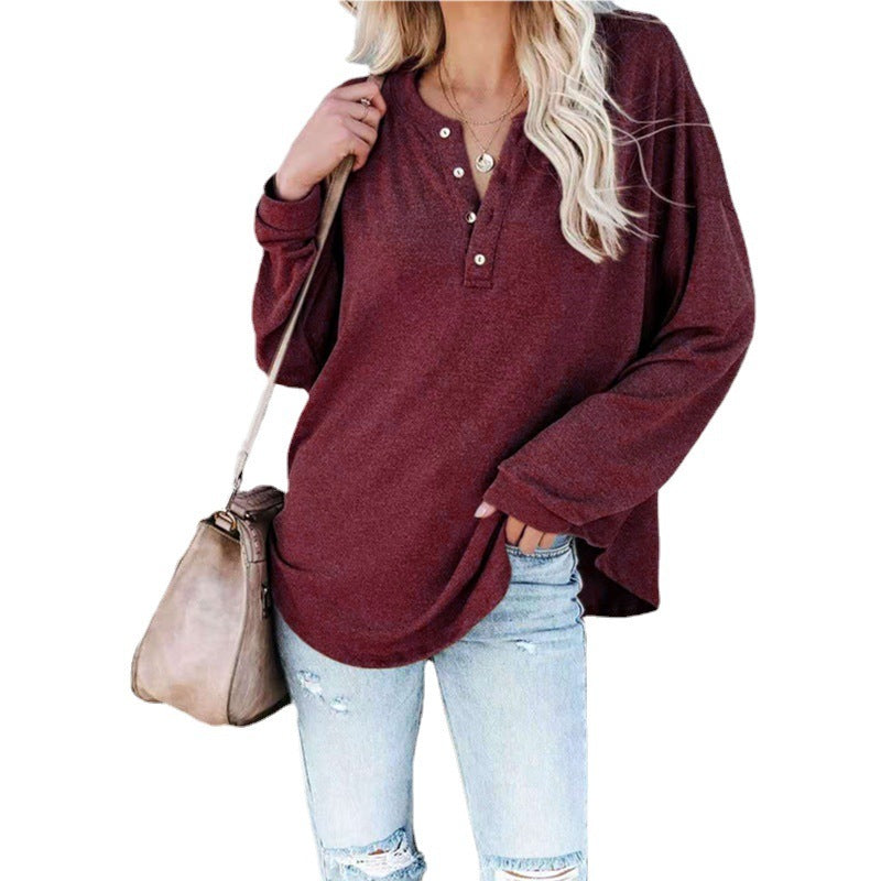 Sweatshirts- Solid Oversized Drop Shoulder Crew Neck Sweatshirt Pullover with Sporty Half-Button- Wine Red- IndioGear Clothing and Gear