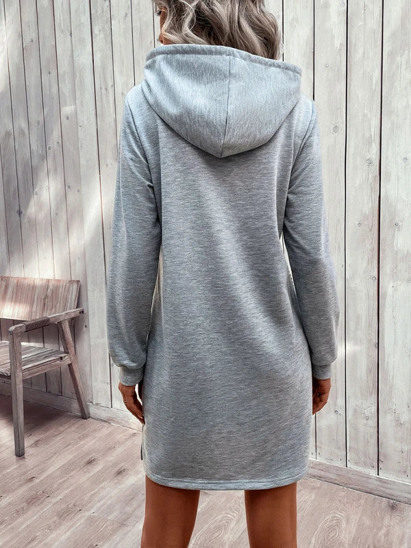 Sweatshirts- Sporty Hooded Sweatshirt Dress with Stripe Accents, Kangaroo Pockets- - Pekosa Women Clothing