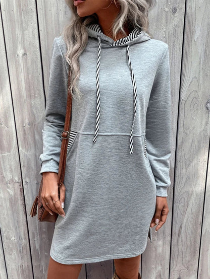 Sweatshirts- Sporty Hooded Sweatshirt Dress with Stripe Accents, Kangaroo Pockets- - Pekosa Women Clothing