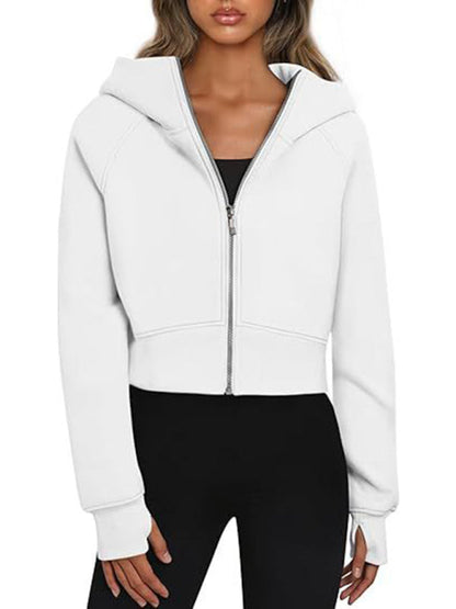 Sweatshirts- Sporty Solid Zip-Up Crop Sweatshirt for Workouts- - IndioGear Clothing and Gear