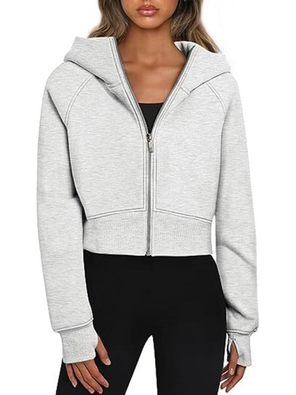 Sweatshirts- Sporty Solid Zip-Up Crop Sweatshirt for Workouts- - IndioGear Clothing and Gear