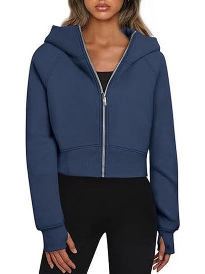 Sweatshirts- Sporty Solid Zip-Up Crop Sweatshirt for Workouts- - IndioGear Clothing and Gear