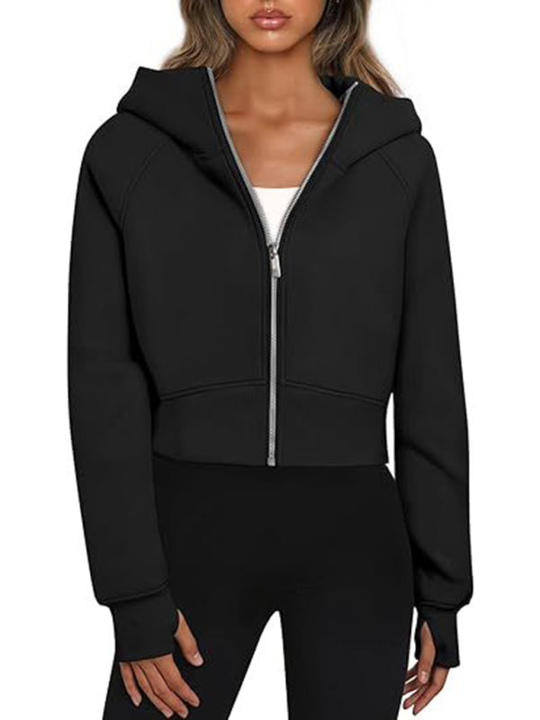 Sweatshirts- Sporty Solid Zip-Up Crop Sweatshirt for Workouts- Black- IndioGear Clothing and Gear